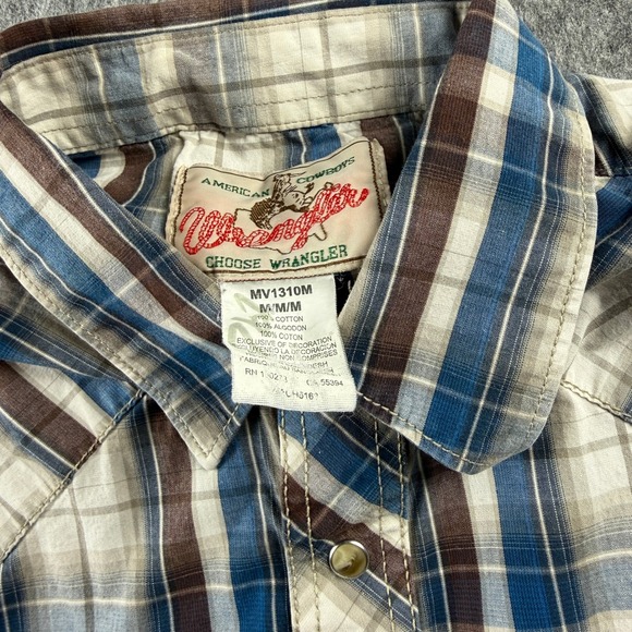 Wrangler Mens Western Blue Brown Plaid Pearl Snap Long Sleeve Shirt Medium - Picture 10 of 14